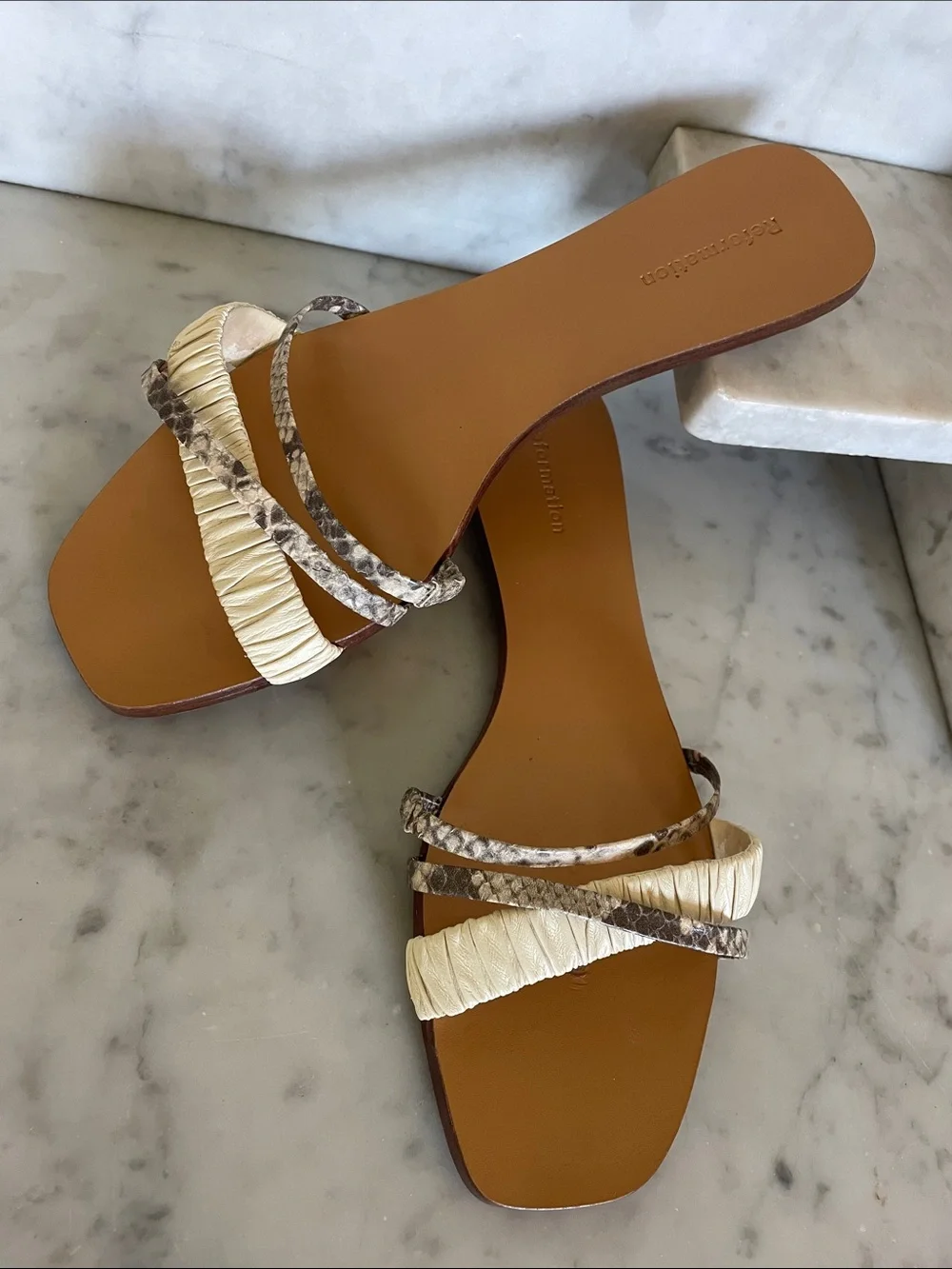 REFORMATION Katina Strappy Flat Slides Parmesan Snake Print 5.5